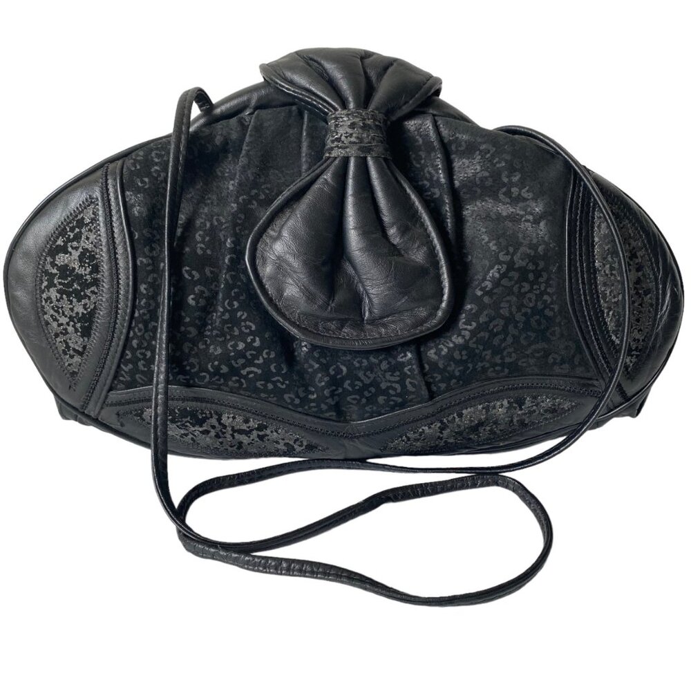 Aviva 80's wide mouth leather handbag‎ leopard print black bow glitter purse USA